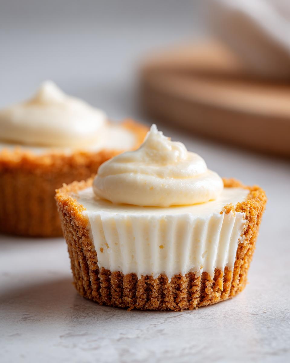 Close-up of a no-bake cheesecake cup with a graham cracker crust and creamy filling, perfect for Fourth of July desserts.