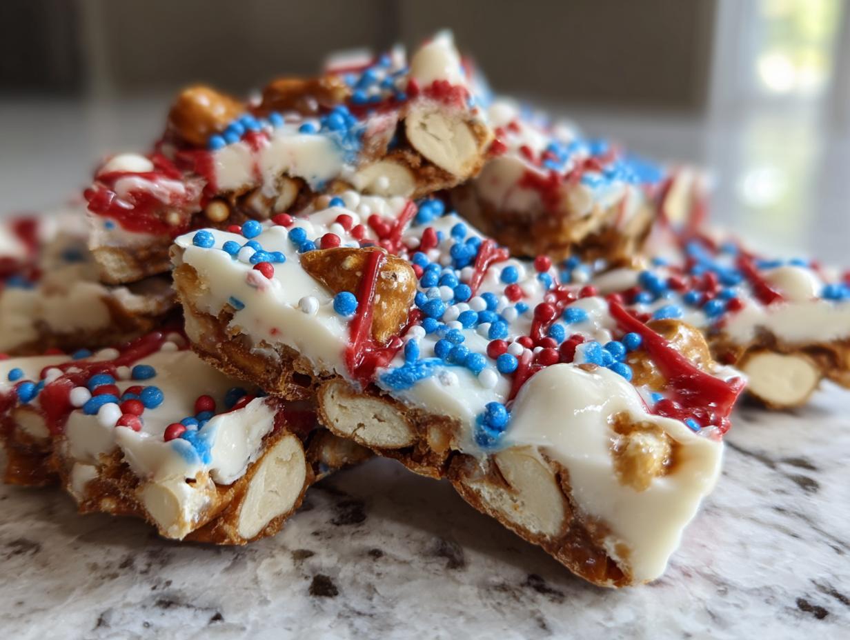 Close-up of Fourth of July desserts: patriotic snack mix bark with red, white, and blue sprinkles and drizzles.