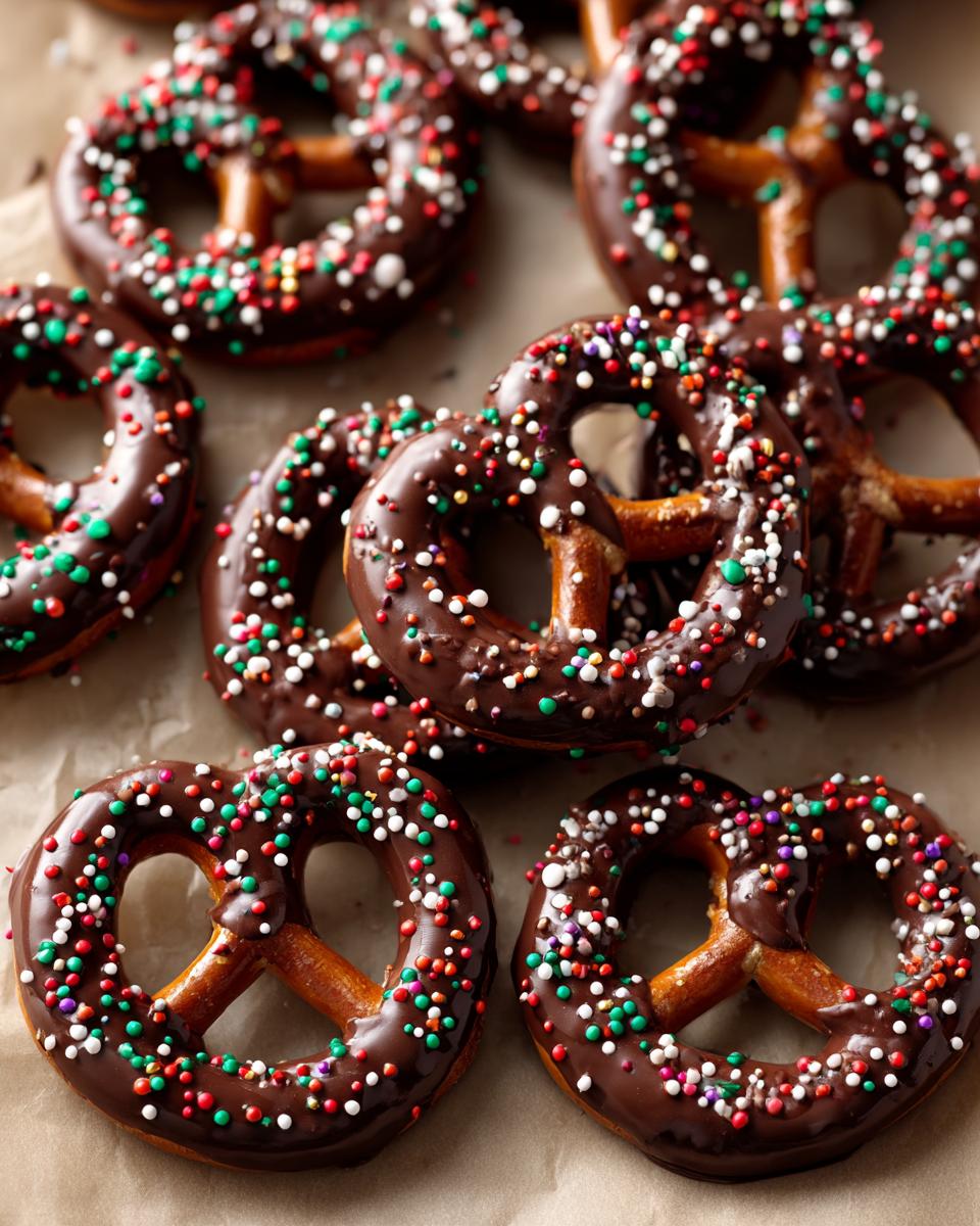 Close-up of chocolate-covered pretzels with red, white, and blue sprinkles, perfect for Fourth of July desserts.