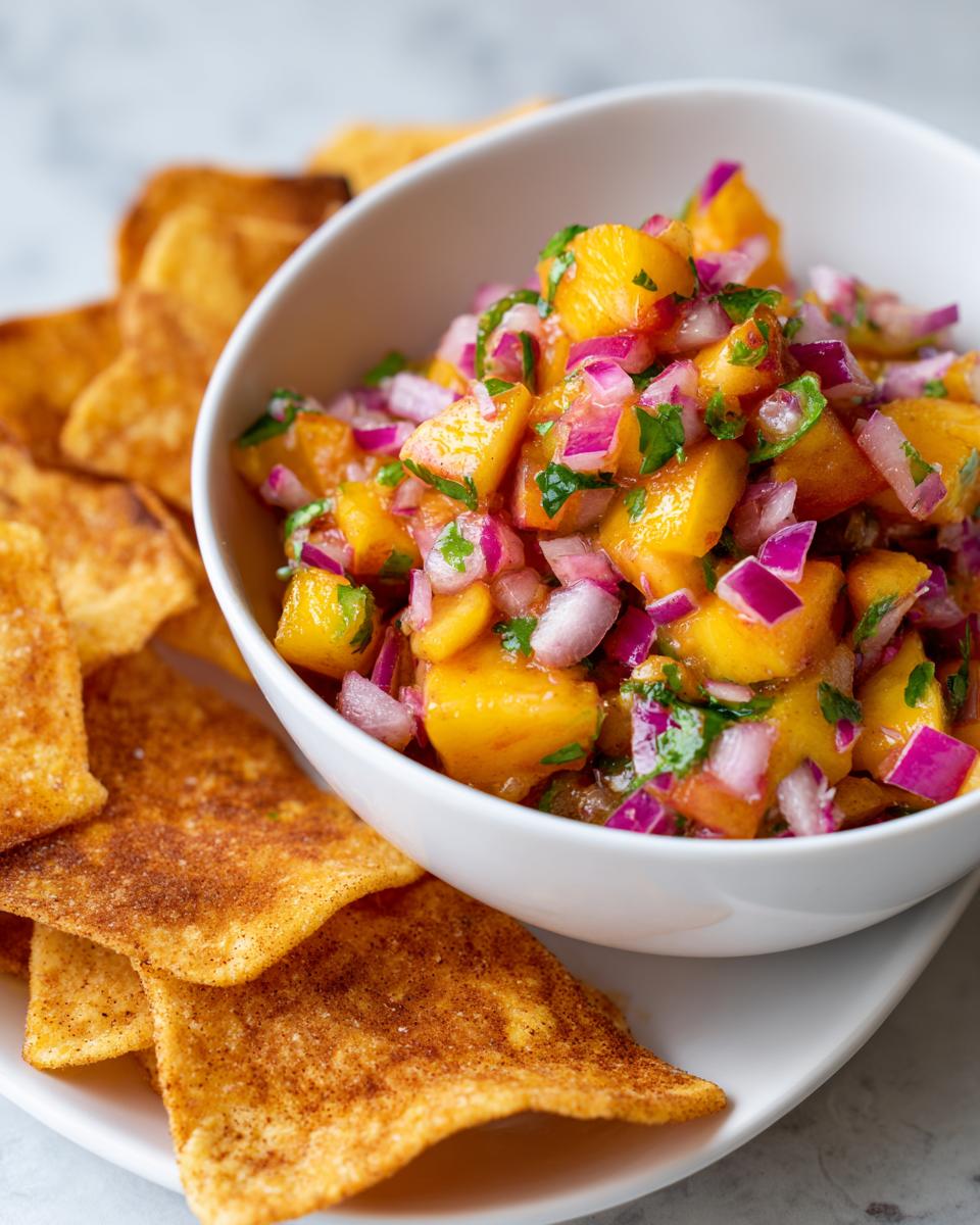Close-up of fresh peach salsa with red onion and cilantro in a white bowl, served with cinnamon chips.