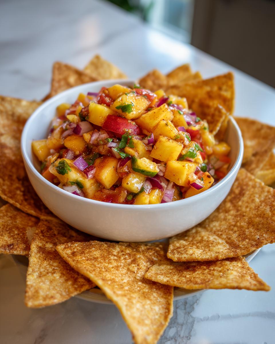 A bowl of fresh peach salsa with diced peaches, red onion, cilantro, and jalapeño, surrounded by cinnamon chips.
