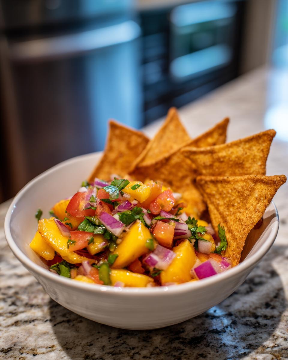 A bowl of fresh peach salsa with chopped peaches, tomatoes, red onion, and cilantro, served with cinnamon chips.