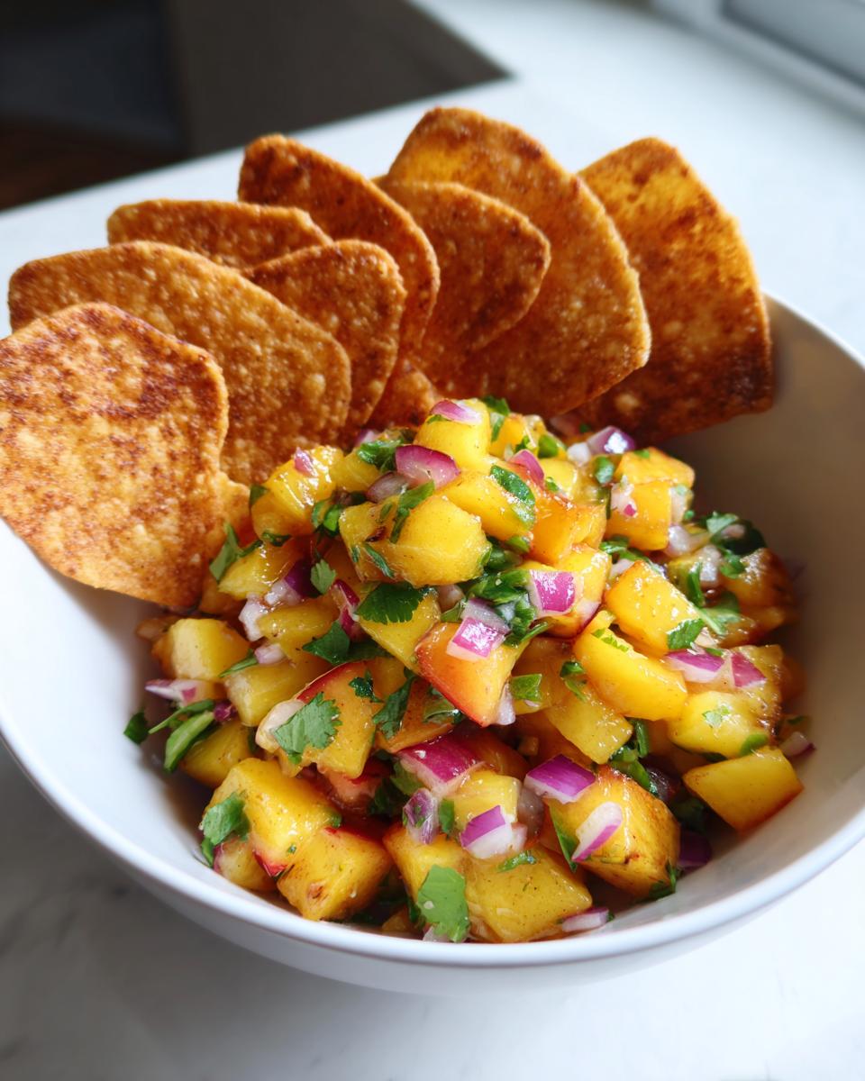 A bowl of fresh peach salsa with diced peaches, red onion, and cilantro, served with cinnamon chips.