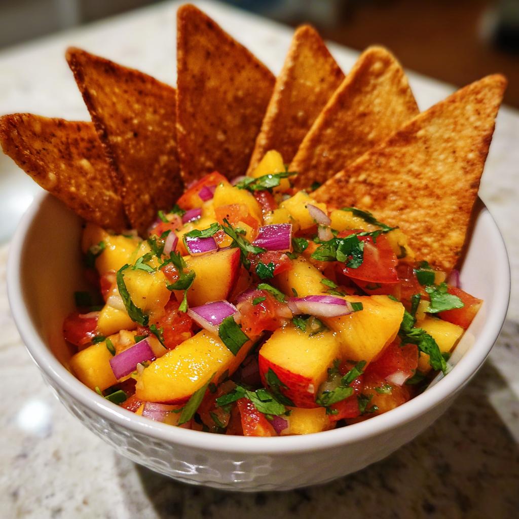 A bowl of fresh peach salsa with diced peaches, tomatoes, red onion, and cilantro, served with cinnamon chips.