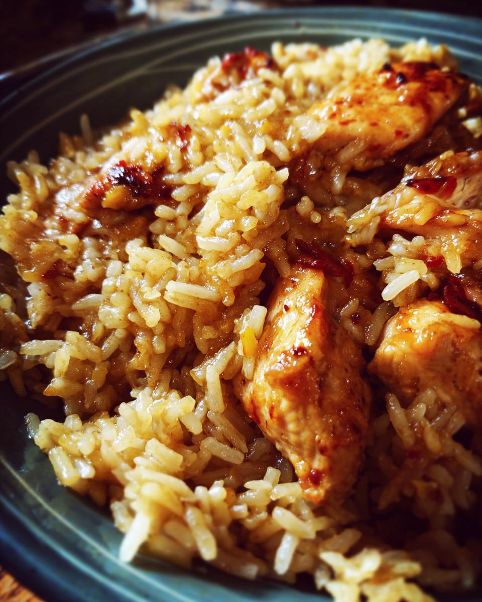 Close-up of a bowl filled with fluffy rice and tender pieces of garlic butter chicken.