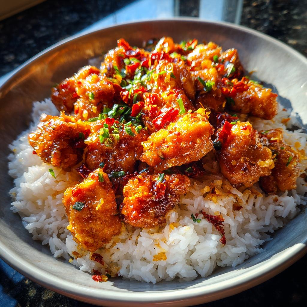 A close-up of a bowl of white rice topped with crispy garlic butter chicken and red chili flakes.