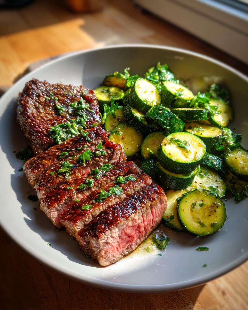 Close-up of sliced garlic butter steak with sautéed zucchini, garnished with parsley.