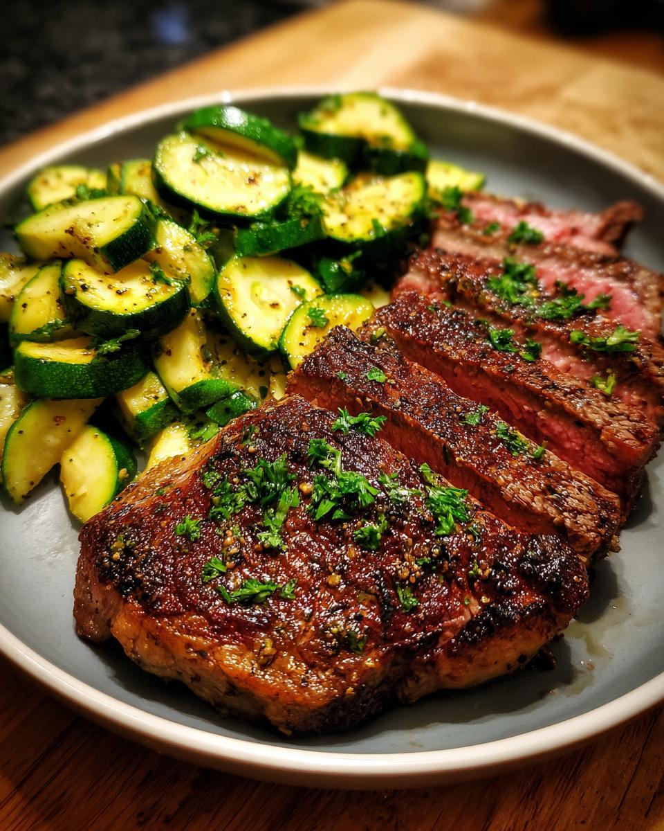 A perfectly cooked garlic butter steak served with sautéed zucchini slices, garnished with parsley.