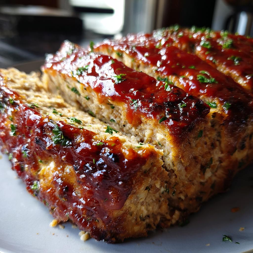 Close-up of sliced Garlic Parmesan Chicken Meatloaf topped with a glossy glaze and fresh parsley.
