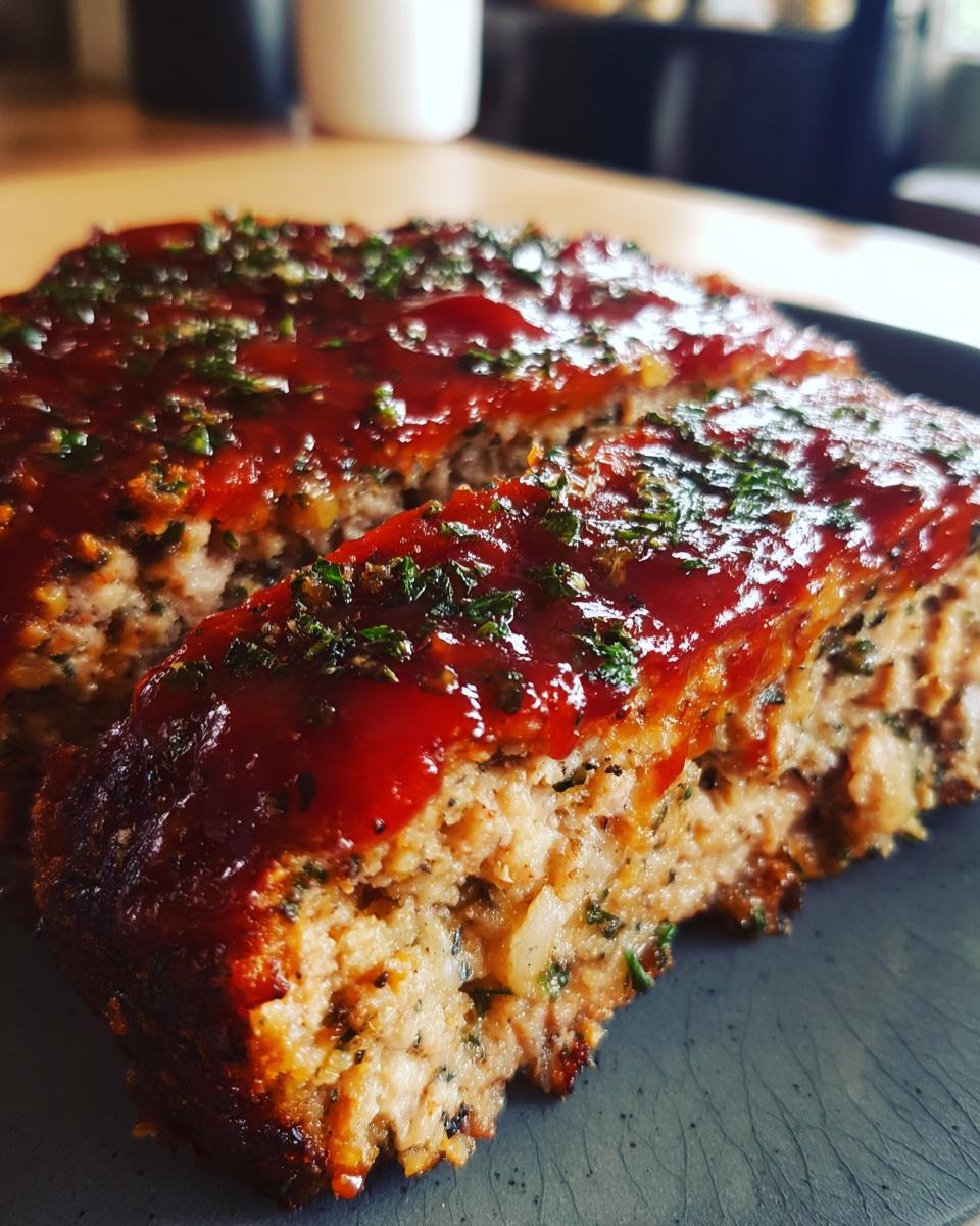 Close-up of a slice of Garlic Parmesan Chicken Meatloaf topped with glaze and herbs.