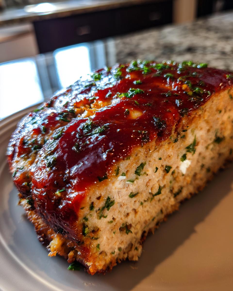 A slice of Garlic Parmesan Chicken Meatloaf topped with a glossy glaze and fresh herbs.
