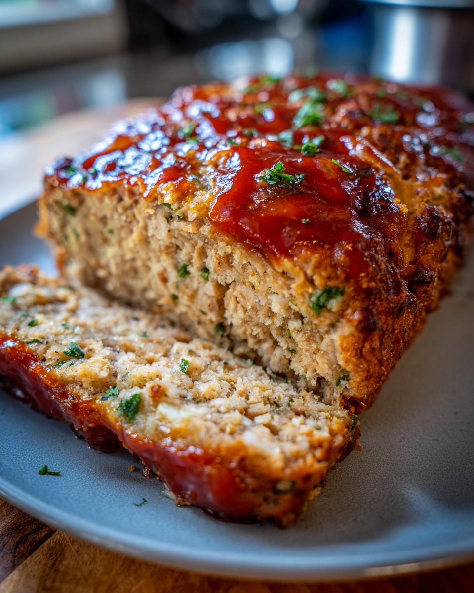 A slice of moist Garlic Parmesan Chicken Meatloaf topped with a savory glaze and fresh parsley.