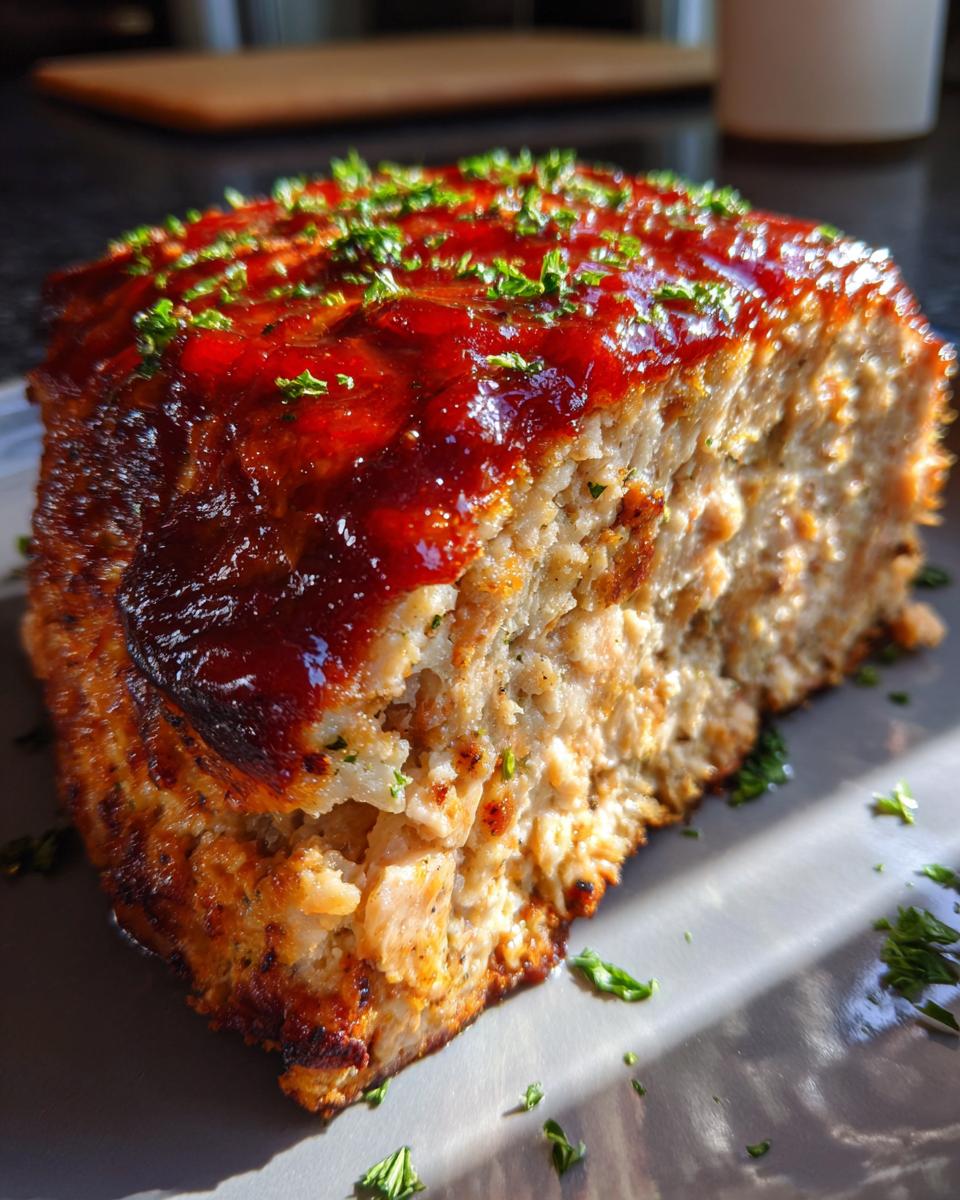 A slice of Garlic Parmesan Chicken Meatloaf topped with glaze and parsley.