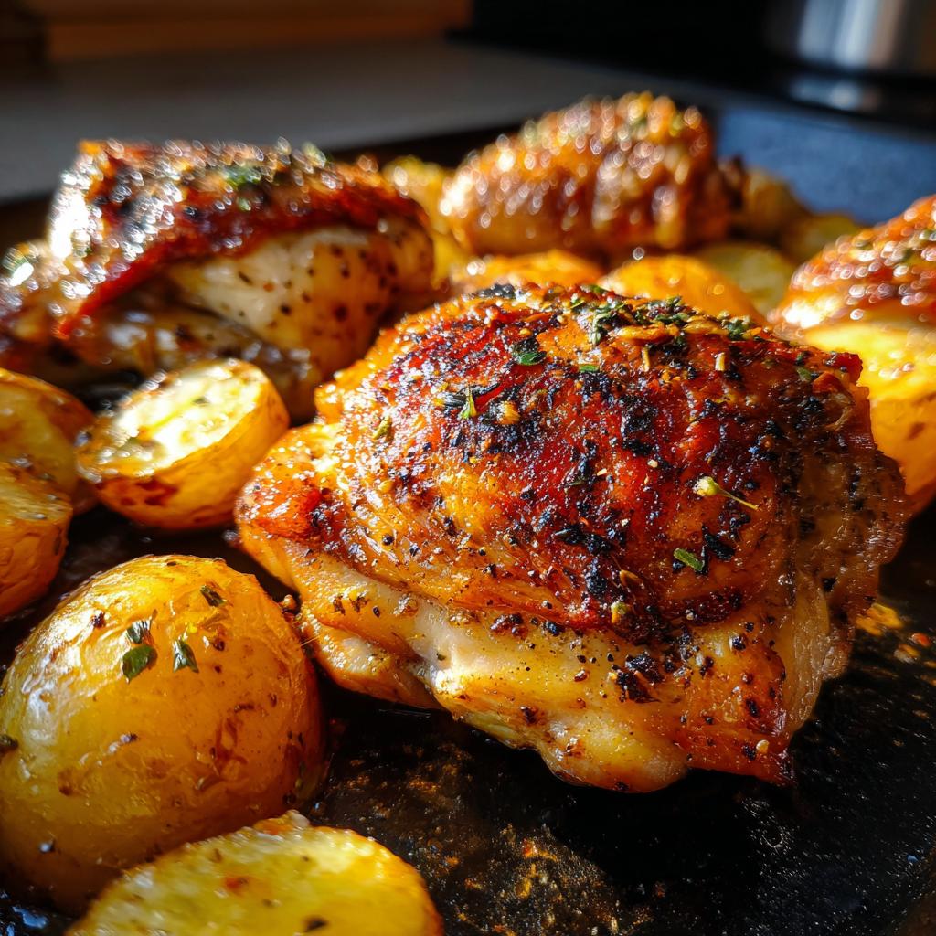 Close-up of golden brown Garlic Parmesan Chicken Thighs and Potatoes roasted to perfection.