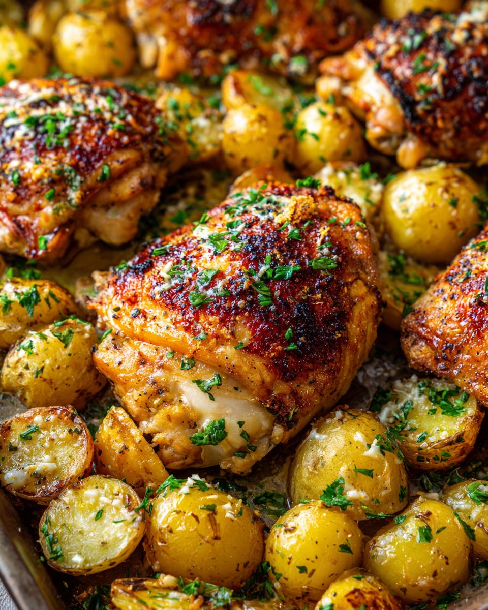 Close-up of juicy Garlic Parmesan Chicken Thighs and Potatoes roasted on a baking sheet, garnished with parsley.