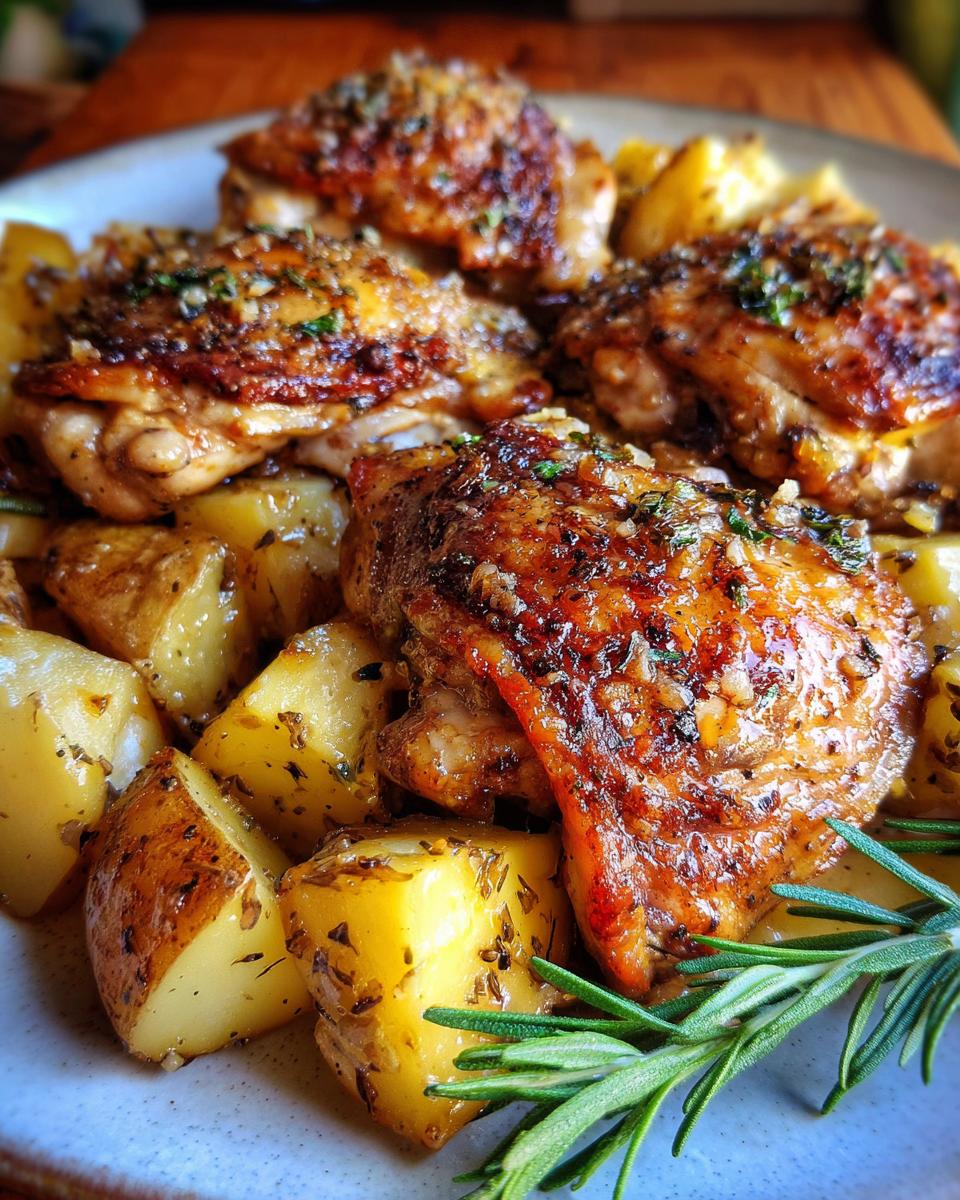 Close-up of juicy Garlic Parmesan Chicken Thighs and Potatoes, seasoned with herbs and rosemary.