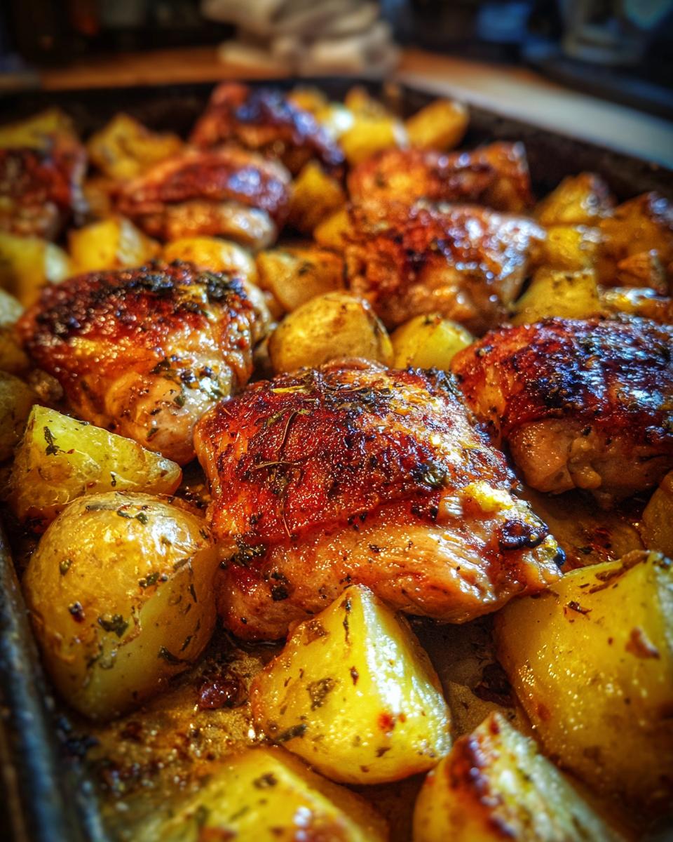 A close-up view of golden-brown Garlic Parmesan Chicken Thighs and Potatoes roasted to perfection on a baking sheet.
