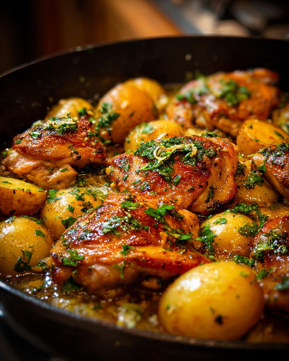 Close-up of juicy Garlic Parmesan Chicken Thighs and Potatoes cooked in a skillet, garnished with parsley.