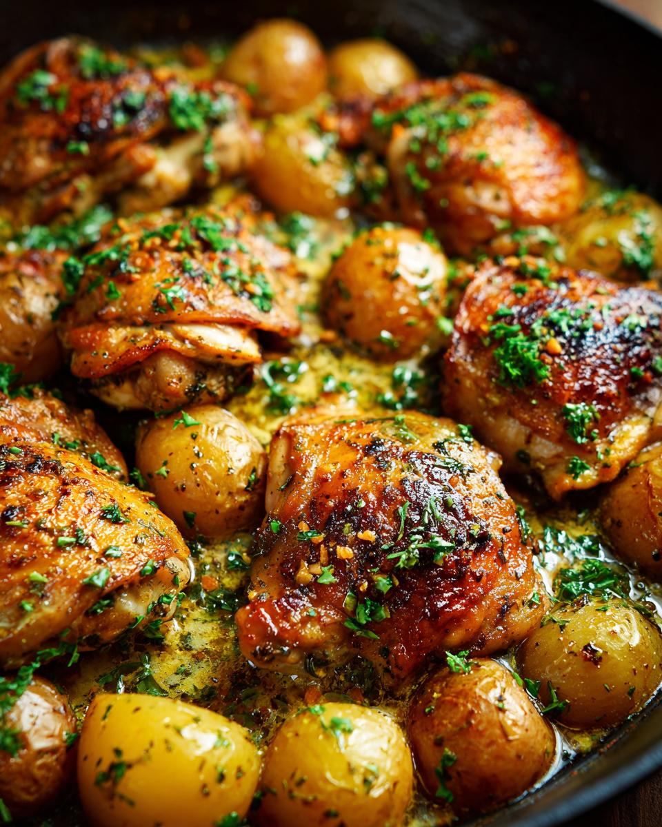 Close-up of golden-brown Garlic Parmesan Chicken Thighs and Potatoes in a skillet, garnished with fresh parsley.