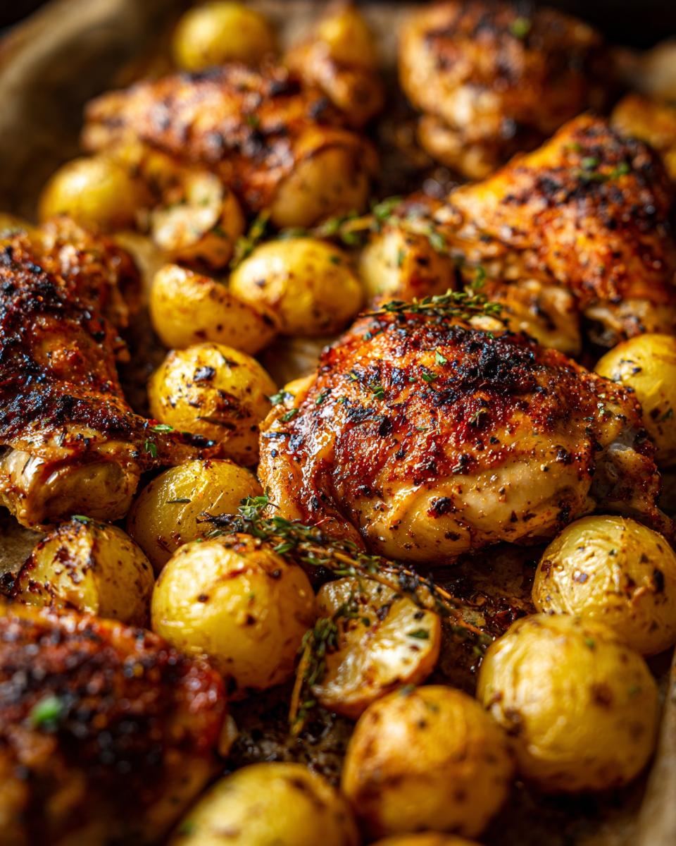 Close-up of golden-brown Garlic Parmesan Chicken Thighs and Potatoes roasted on a baking sheet, garnished with herbs.