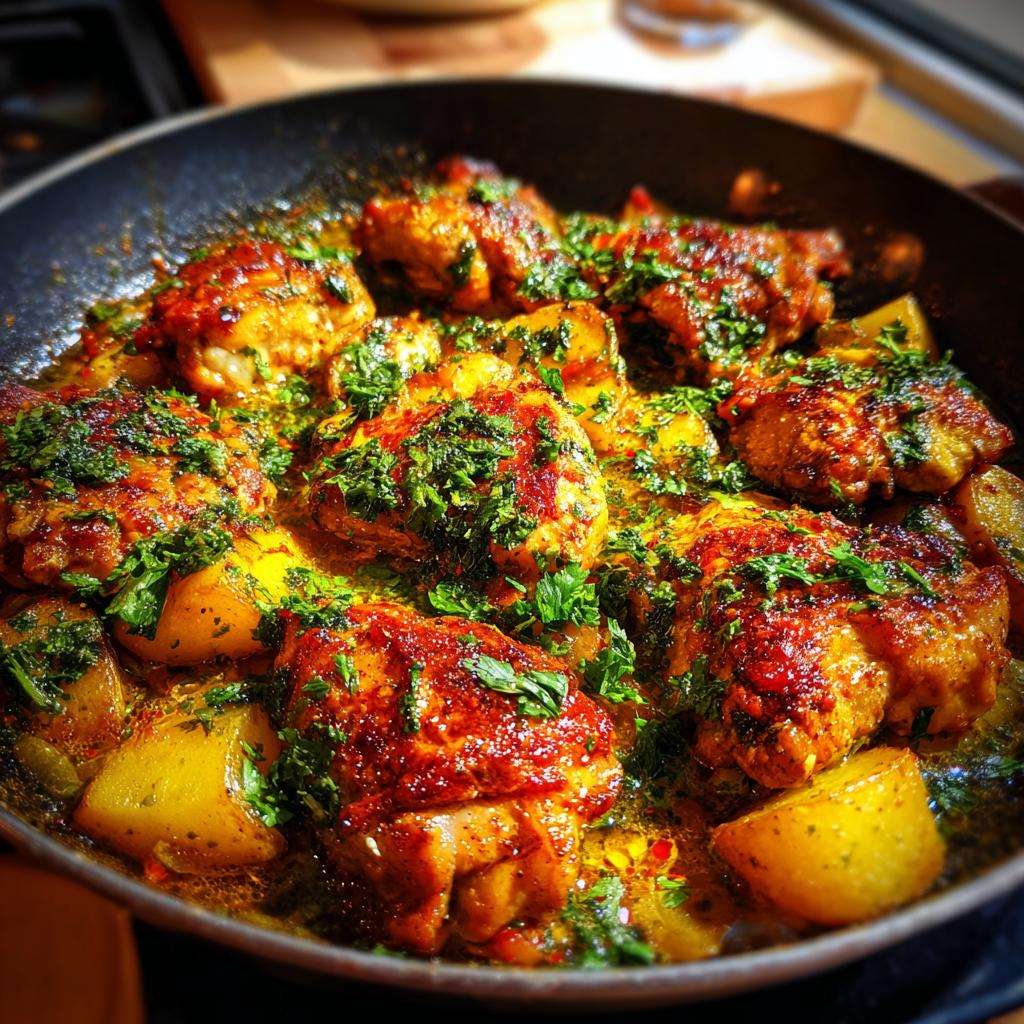 Close-up of Garlic Parmesan Chicken Thighs and Potatoes cooking in a skillet, garnished with fresh parsley.