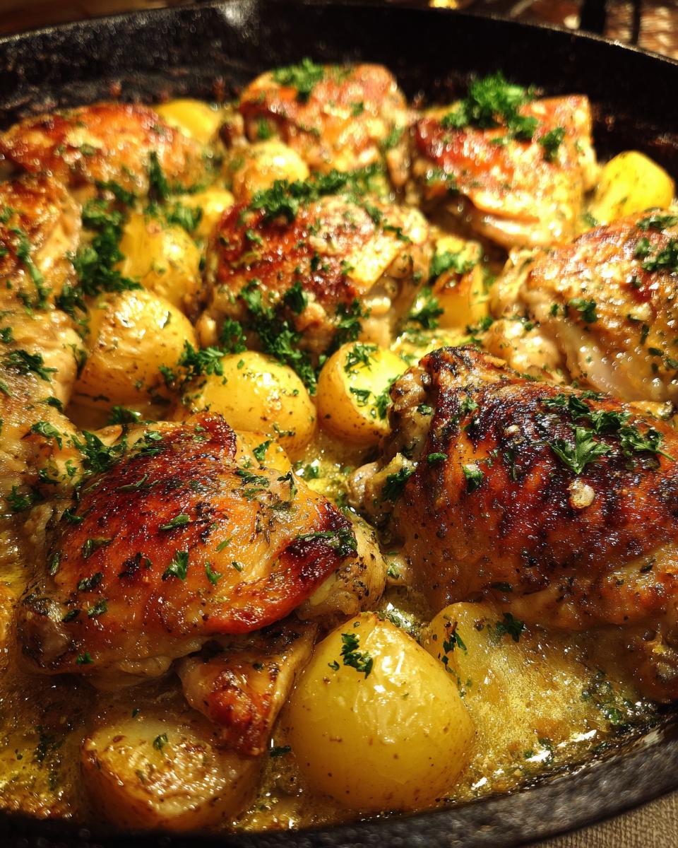 Close-up of juicy Garlic Parmesan Chicken Thighs and Potatoes baked in a cast iron skillet, garnished with parsley.