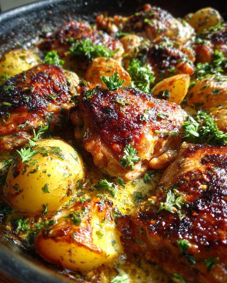 Close-up of juicy Garlic Parmesan Chicken Thighs and Potatoes in a skillet, garnished with fresh parsley.