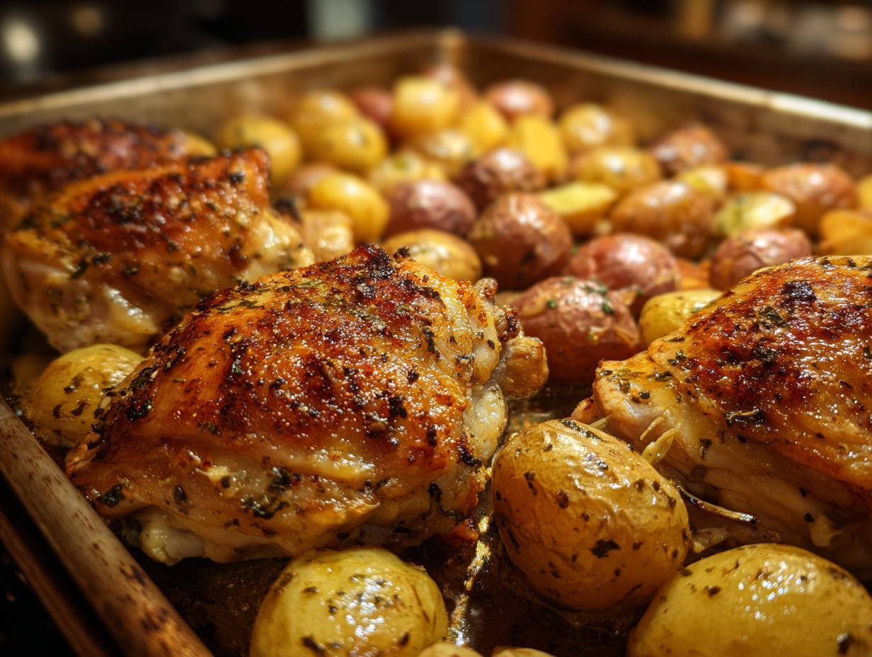 Close-up of golden-brown Garlic Parmesan Chicken Thighs and Potatoes roasted on a baking sheet.