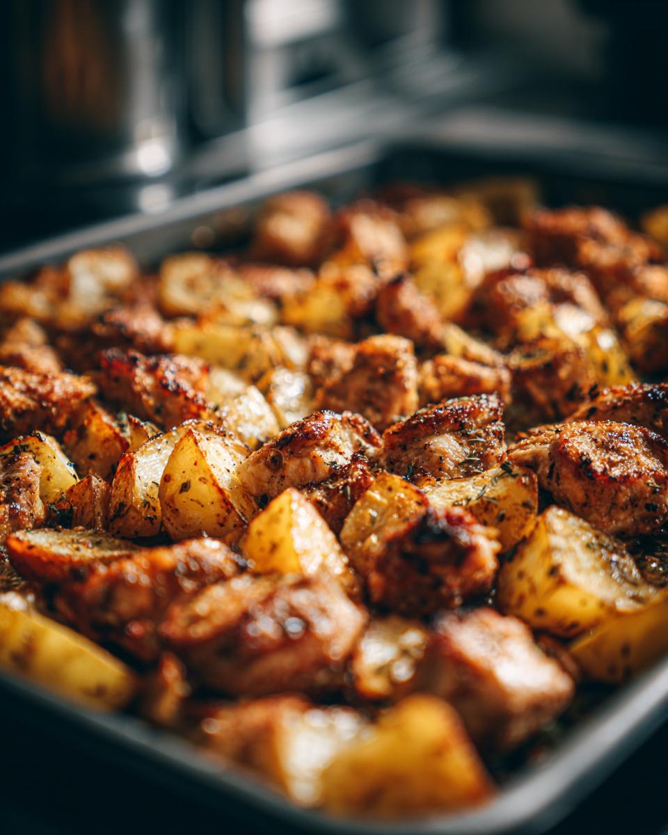 Close-up of perfectly roasted garlic ranch chicken and potatoes in a baking dish.