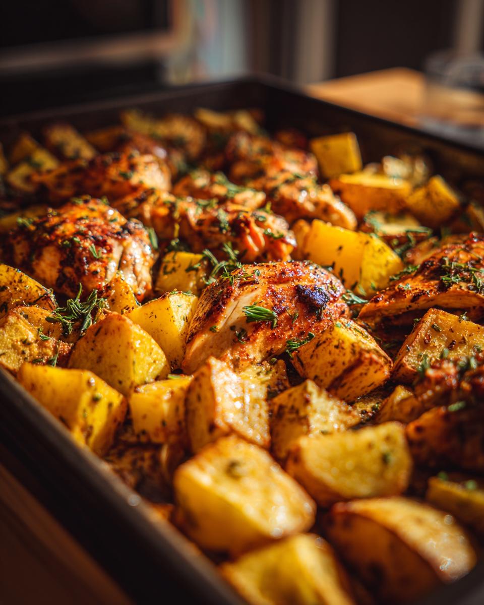 Close-up of golden-brown chicken breast pieces and roasted potato wedges in a baking tray, seasoned with herbs.