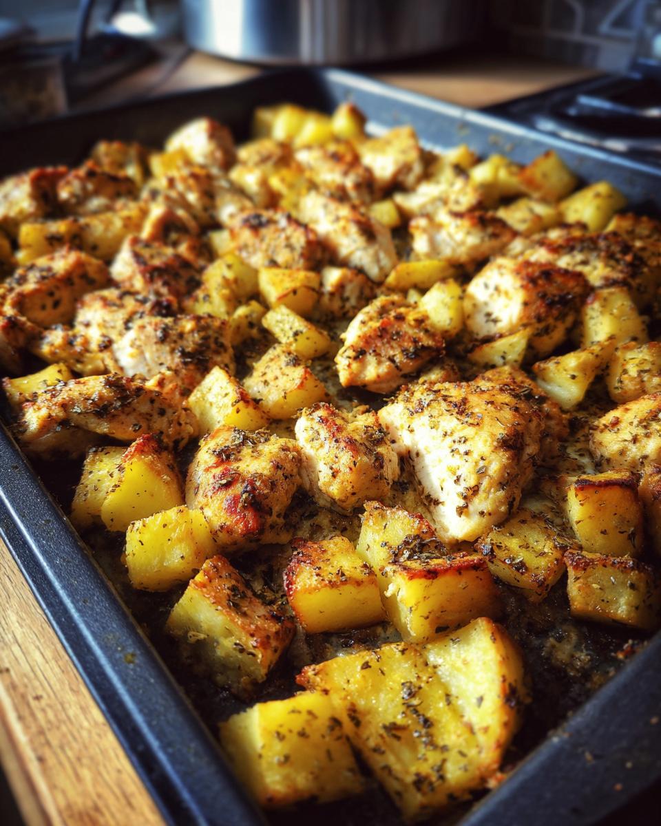 Close-up of golden brown Garlic Ranch Chicken and Potatoes roasted together on a baking sheet.