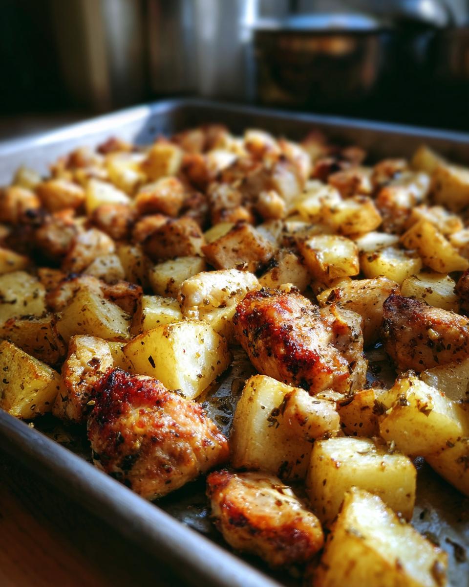 Close-up of baked garlic ranch chicken and potatoes on a baking sheet, seasoned with herbs.