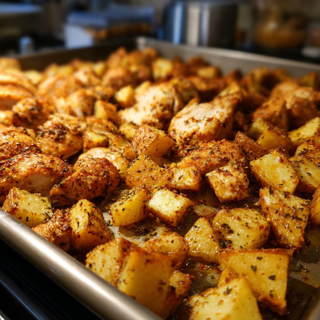 Close-up of roasted Garlic Ranch Chicken and Potatoes on a baking sheet, seasoned with herbs.