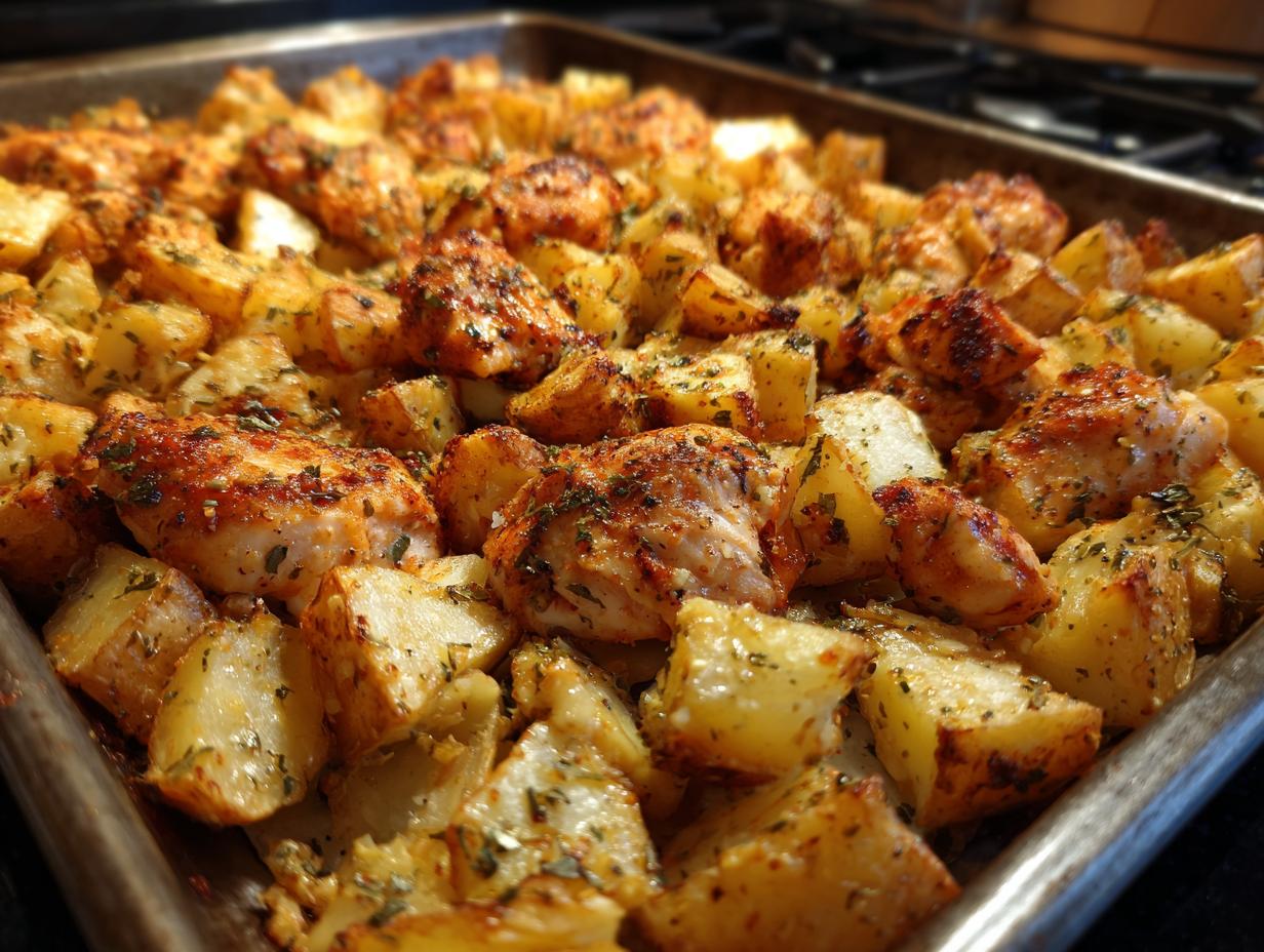 Close-up of golden brown baked chicken breast pieces and potato chunks seasoned with herbs on a baking sheet.