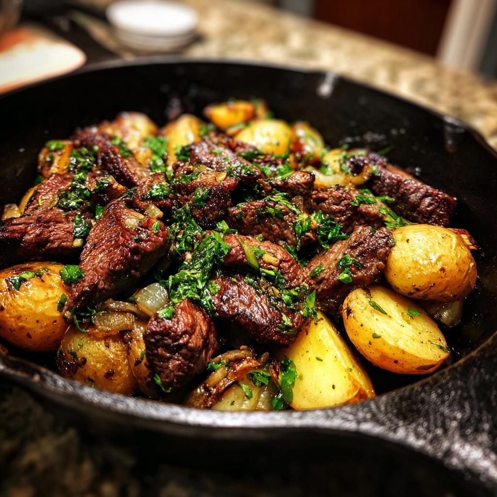 Close-up of delicious garlic steak bites and roasted potatoes in a cast iron skillet, garnished with fresh parsley.