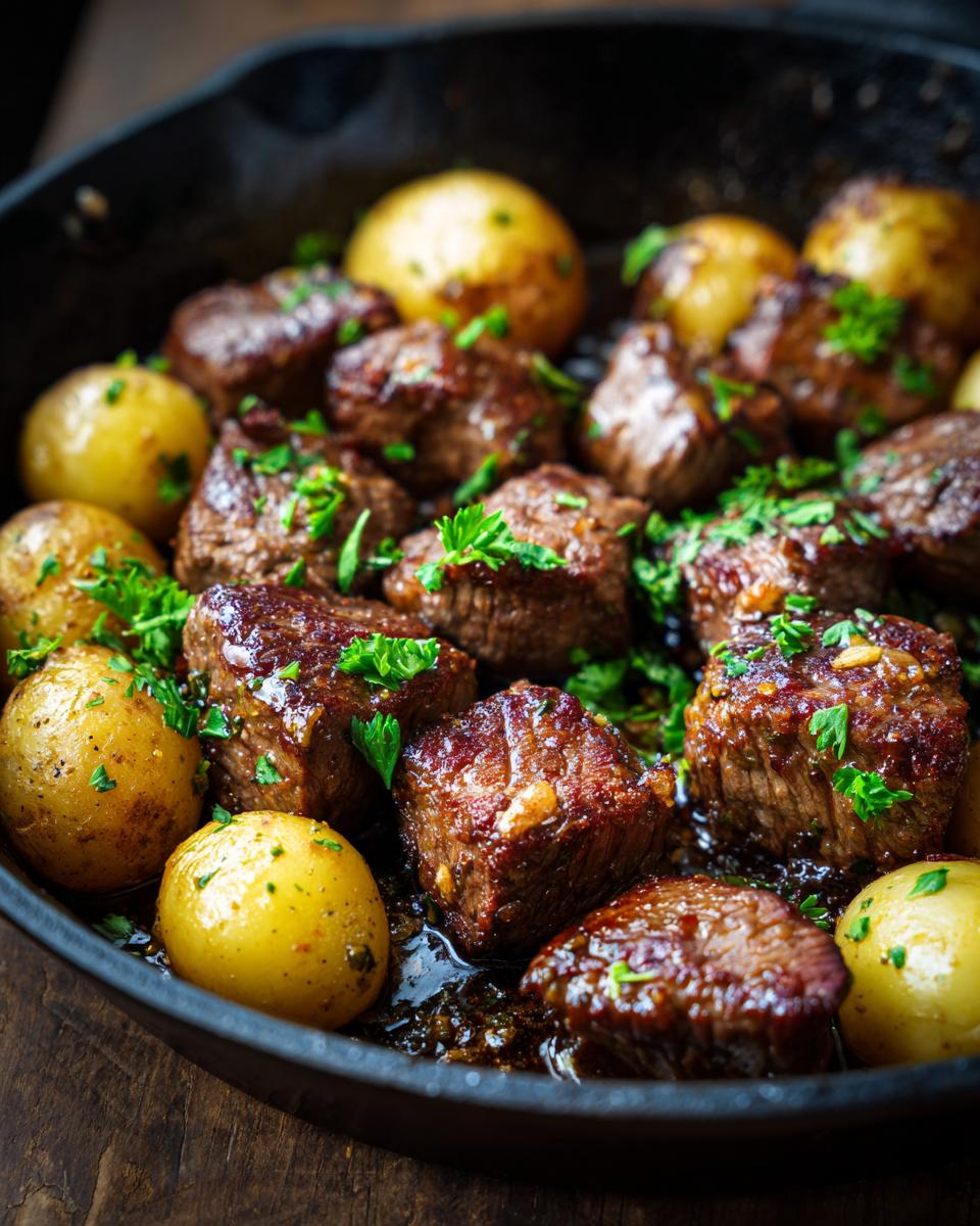Close-up of juicy garlic steak bites and golden baby potatoes in a cast-iron skillet, garnished with fresh parsley.