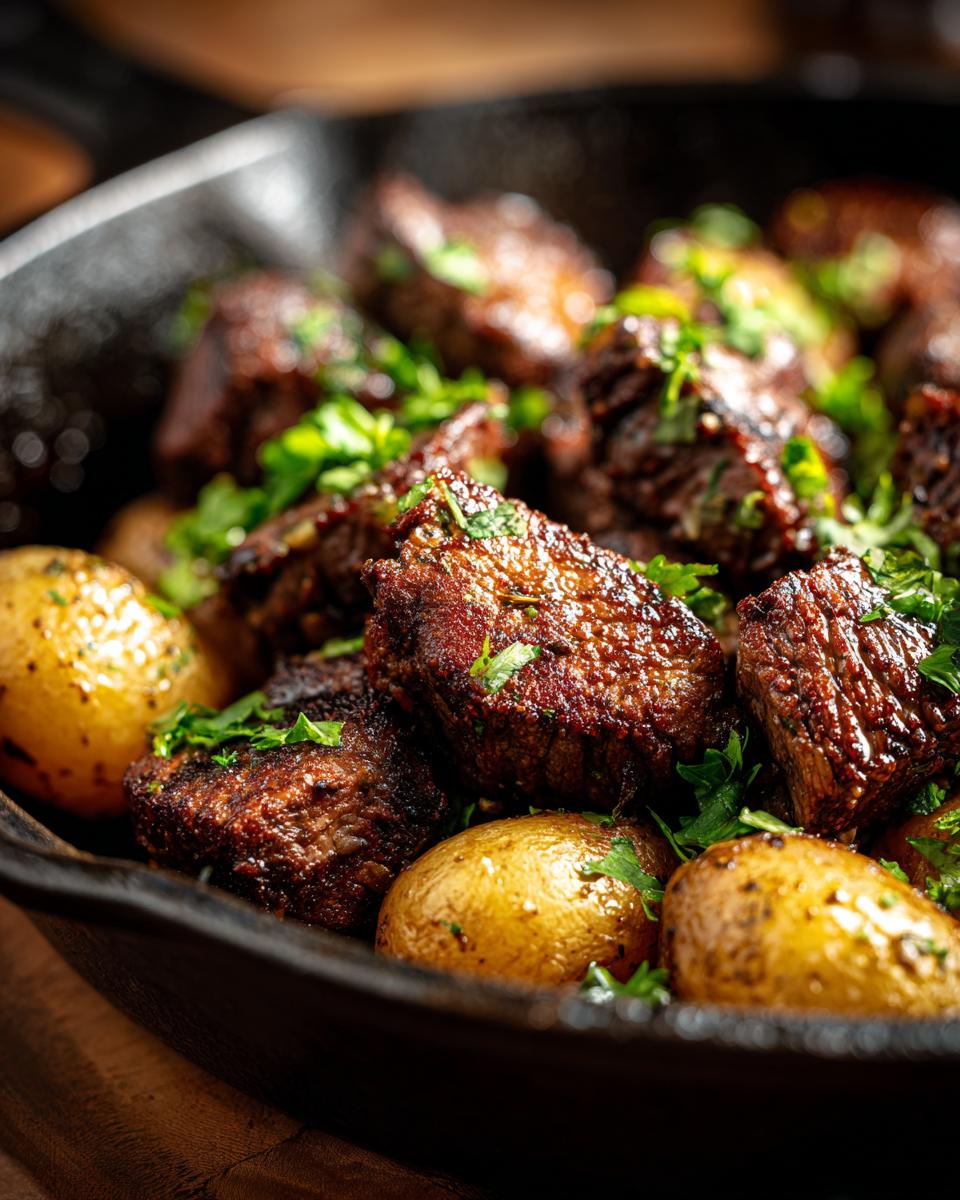 Close-up of juicy garlic steak bites and golden roasted potatoes in a cast-iron skillet, garnished with fresh parsley.