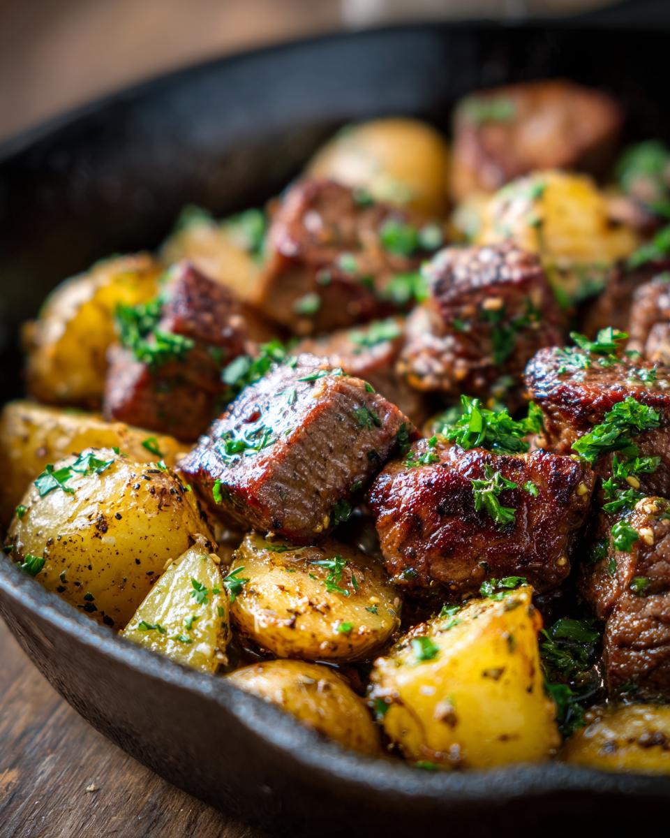Close-up of juicy garlic steak bites and golden roasted potatoes in a cast-iron skillet, garnished with fresh parsley.