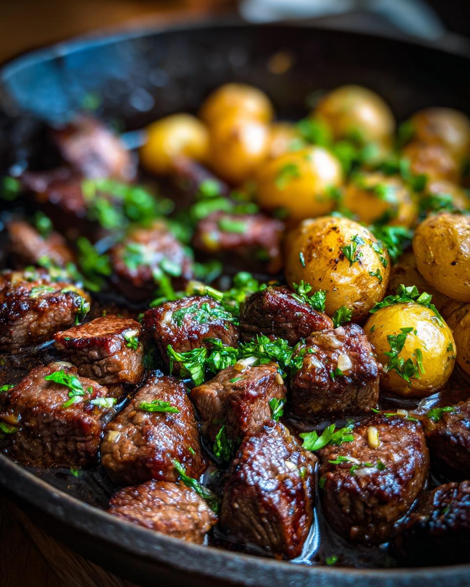 Close-up of juicy garlic steak bites and roasted potatoes in a skillet, garnished with fresh parsley.
