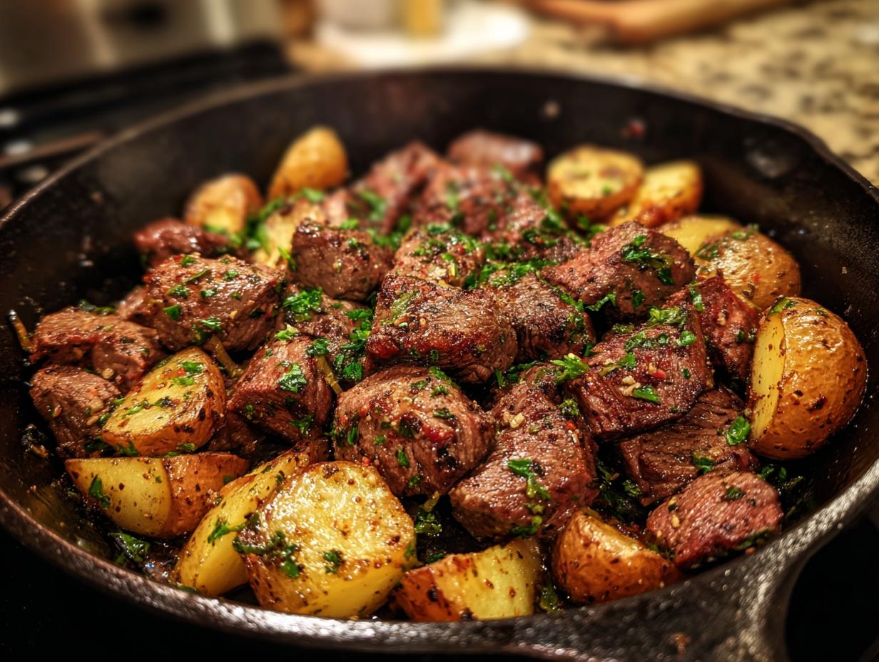 Amazing Garlic Steak Bites & Potatoes Recipe