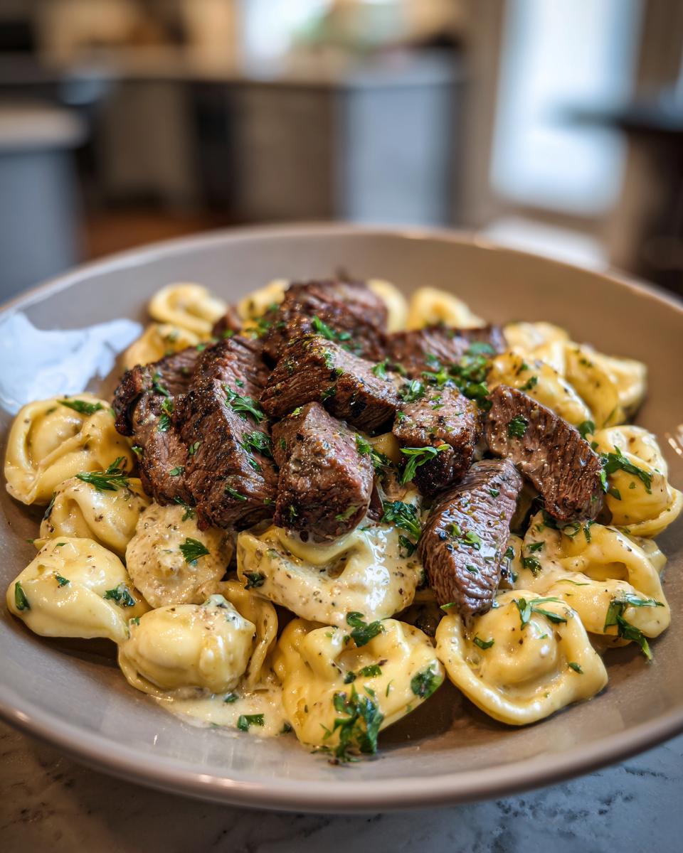 A close-up of Garlic Steak Tortellini, featuring tender steak pieces over cheese tortellini in a creamy garlic sauce, garnished with parsley.