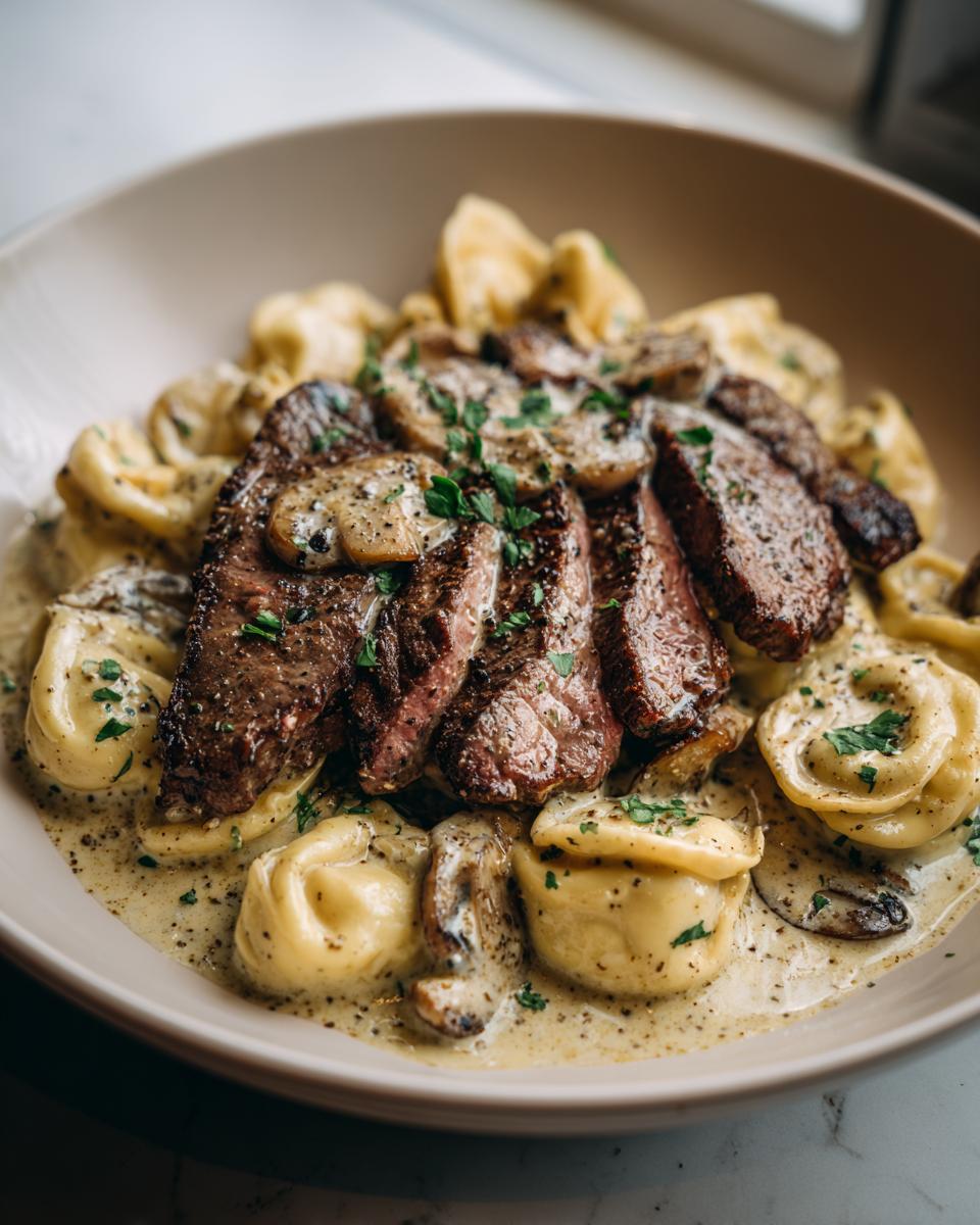 A close-up of Garlic Steak Tortellini served in a creamy sauce with sliced steak and mushrooms, garnished with parsley.