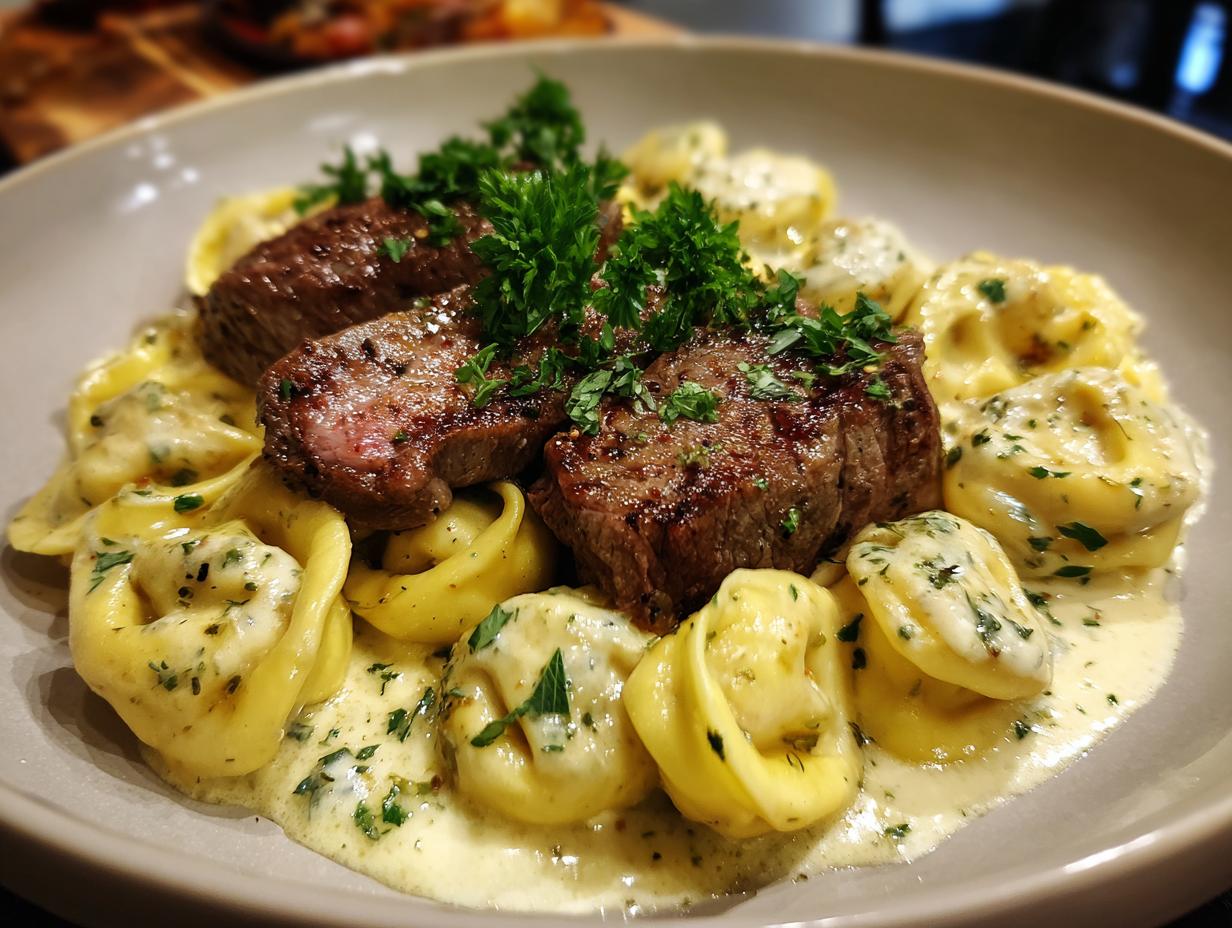 A close-up of Garlic Steak Tortellini, featuring tender steak slices atop creamy tortellini pasta, garnished with fresh parsley.