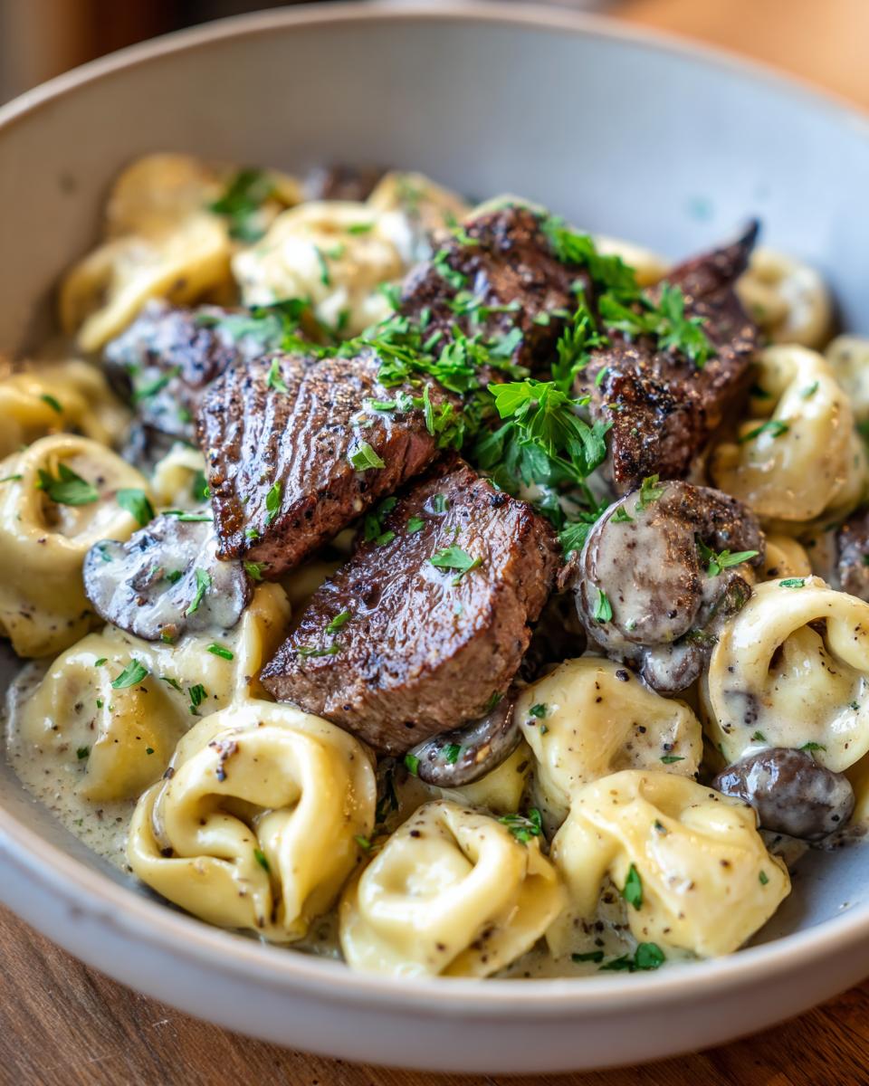 A bowl of Garlic Steak Tortellini with sliced steak, mushrooms, and creamy sauce, garnished with parsley.