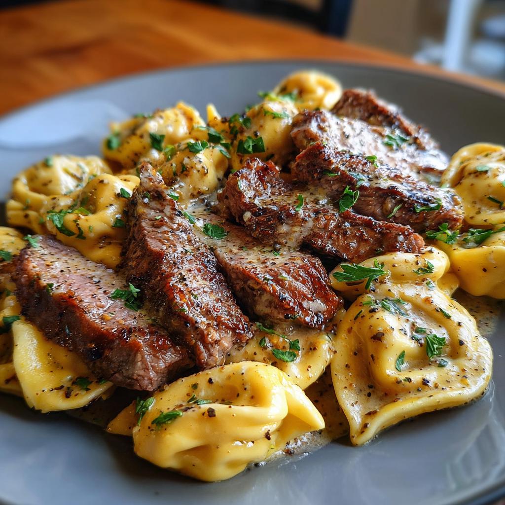 A close-up of Garlic Steak Tortellini served on a grey plate, garnished with parsley.