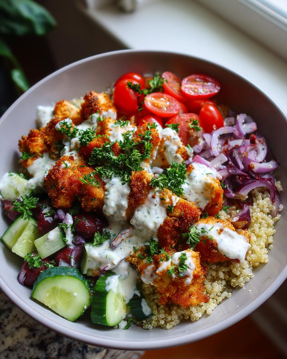 A healthy lunch idea featuring a Greek chicken bowl with quinoa, chicken, tomatoes, cucumber, red onion, and creamy dressing.
