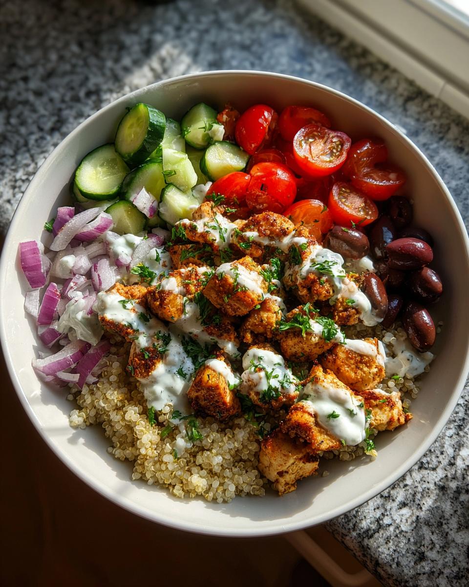 A vibrant Greek chicken bowl with quinoa, chicken, cucumber, tomatoes, red onion, olives, and tzatziki sauce.