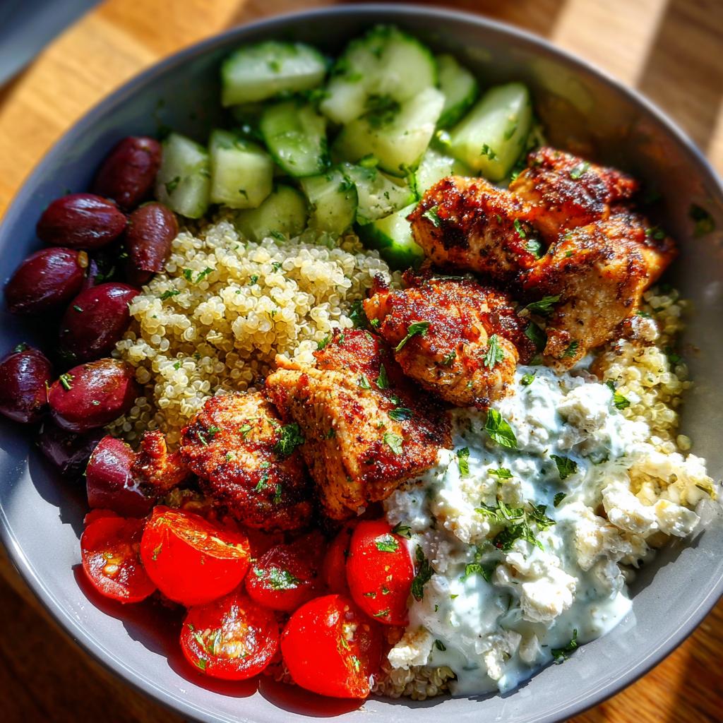 A vibrant bowl of Greek Chicken Bowls, featuring seasoned chicken, quinoa, cherry tomatoes, cucumbers, olives, and tzatziki sauce.