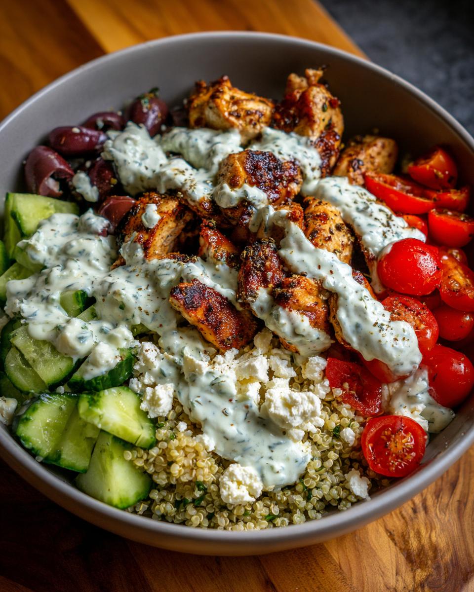 A close-up of Greek Chicken Bowls featuring grilled chicken, quinoa, cucumbers, tomatoes, olives, feta, and tzatziki sauce.