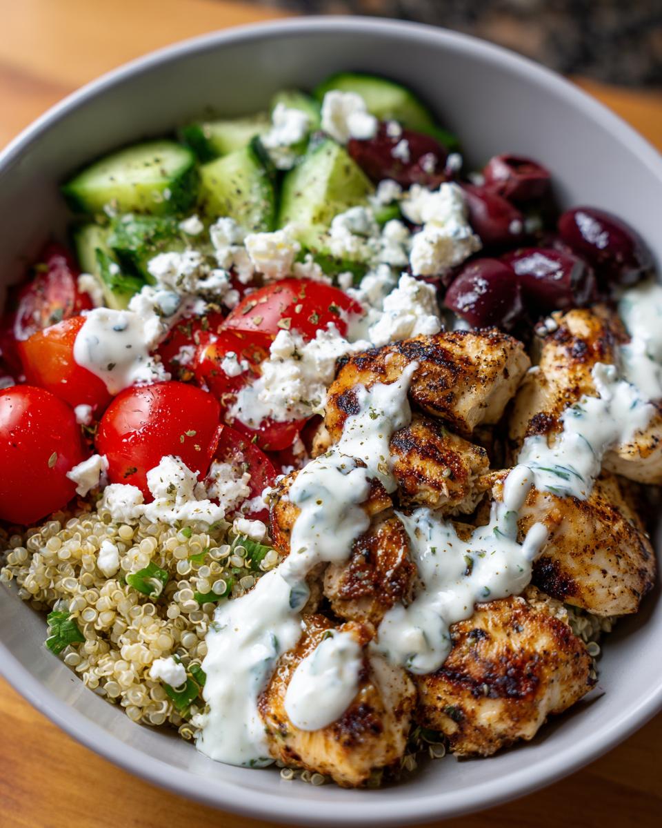 Close-up of a Greek Chicken Bowl with grilled chicken, quinoa, tomatoes, cucumbers, olives, feta cheese, and tzatziki sauce.